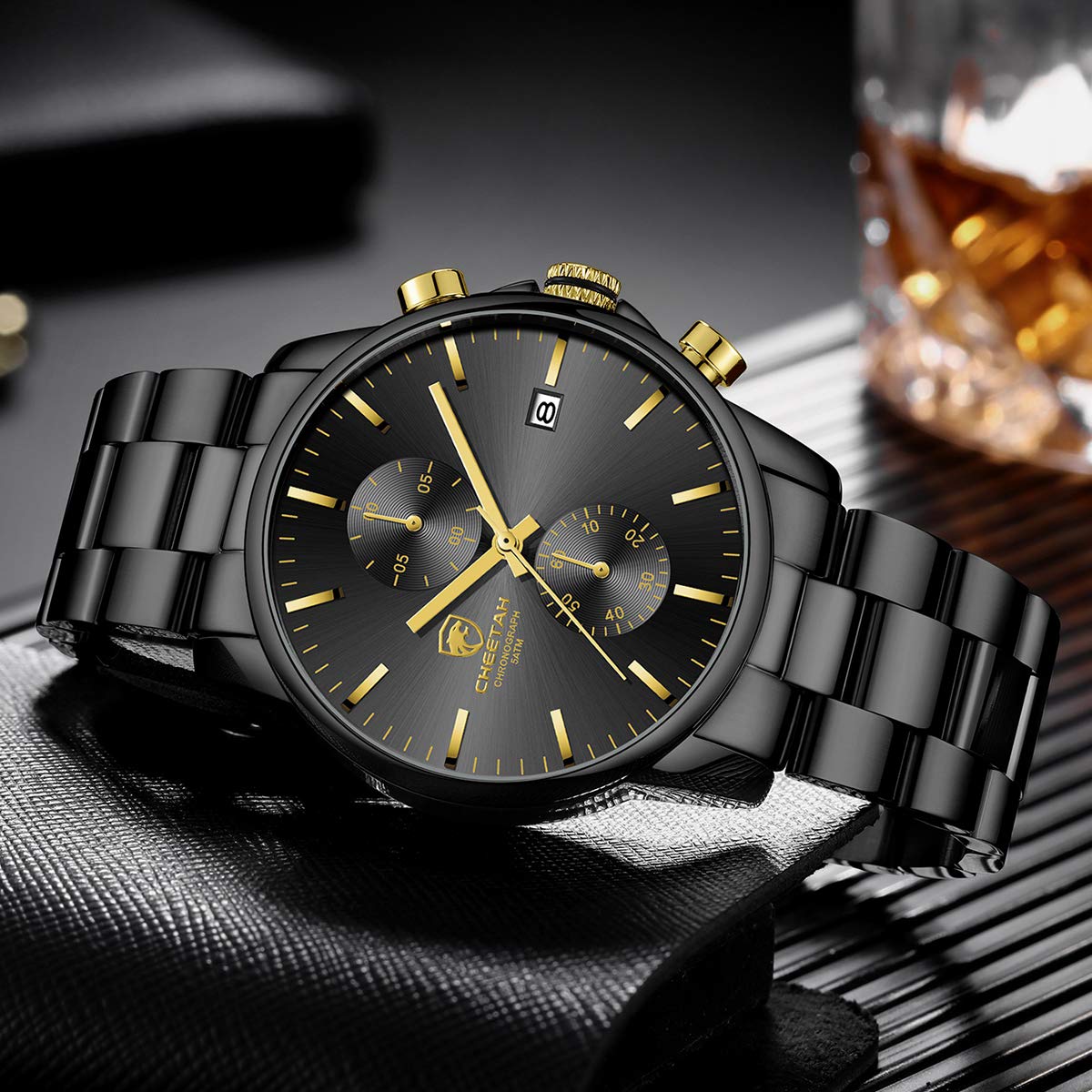 GOLDEN HOUR Fashion Businessmen's Watches with Stainless Steel Waterproof Chronograph Quartz Watch for Men, Auto Date