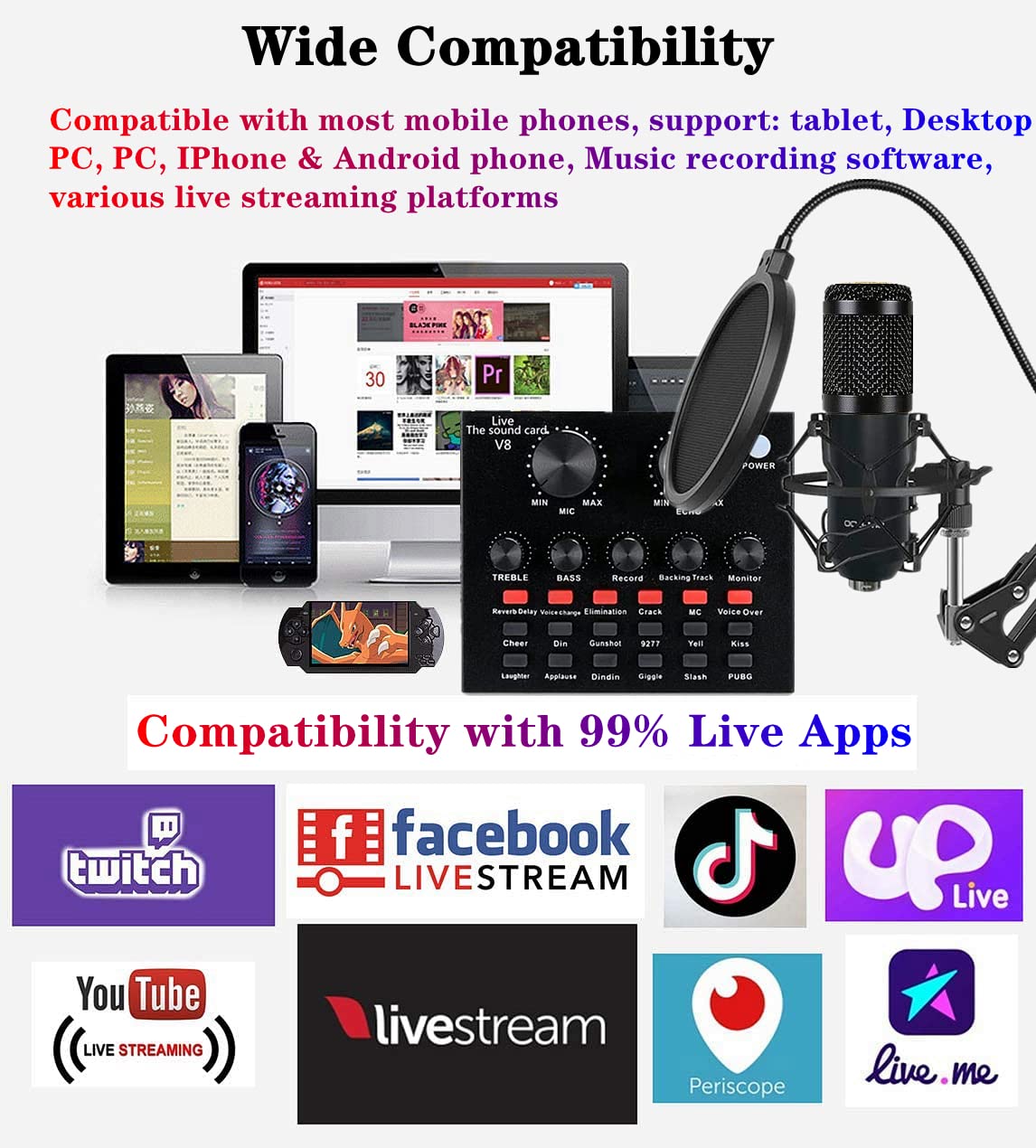 Podcast Equipment Bundle, BM-800 Recording Studio Package with Voice Changer, Live Sound Card - Audio Interface for Laptop Computer Vlog Living Broadcast Live Streaming YouTube TikTok (AM100-V8)