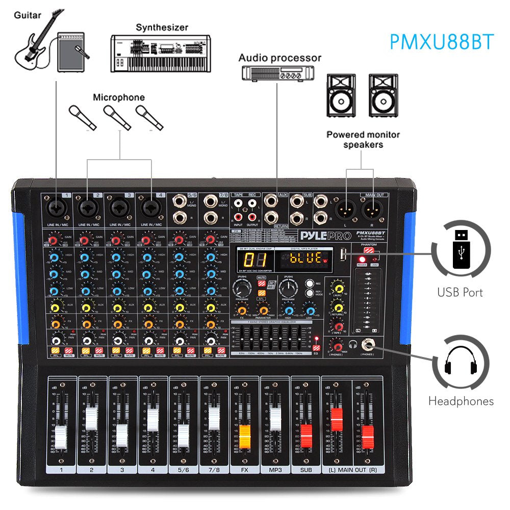 Pyle 4-Channel Bluetooth Studio Audio Mixer-DJ Sound Controller Interface with USB Drive for PC Recording Input, XLR Microphone Jack,48V Power,Input/Output for Professional and Beginners - PMXU46BT