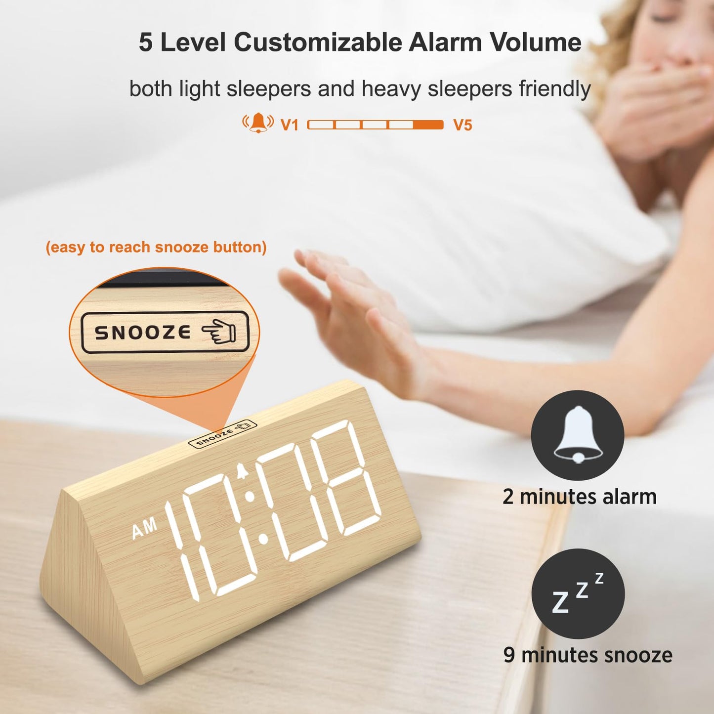 DreamSky Wooden Digital Alarm Clocks for Bedrooms - Electric Desk Clock with Large Numbers, USB Port, Loud Alarm for Heavy Sleepers, Adjustable Volume, Dimmer, Snooze, DST, 12/24H, Wood Décor Gifts