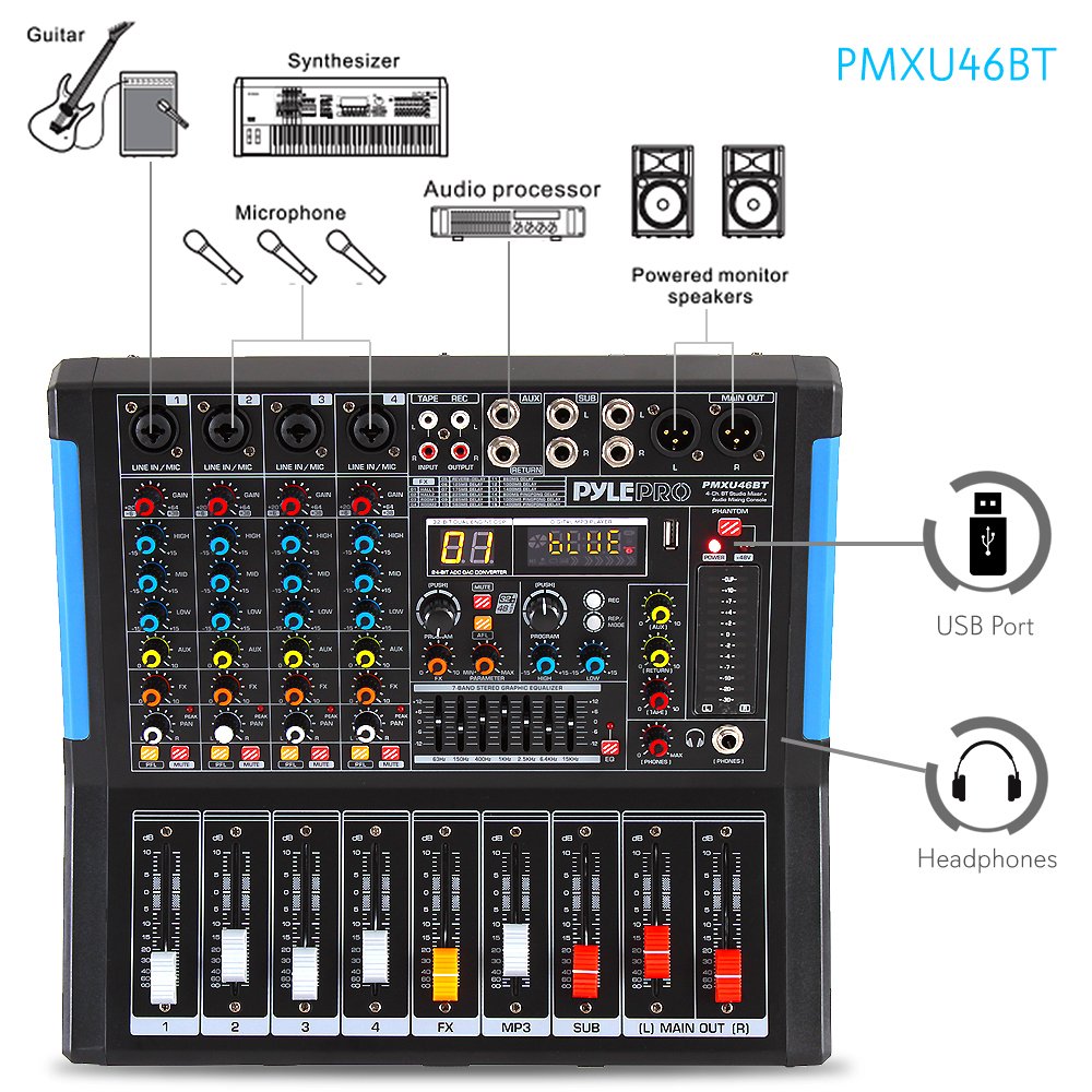 Pyle 4-Channel Bluetooth Studio Audio Mixer-DJ Sound Controller Interface with USB Drive for PC Recording Input, XLR Microphone Jack,48V Power,Input/Output for Professional and Beginners - PMXU46BT