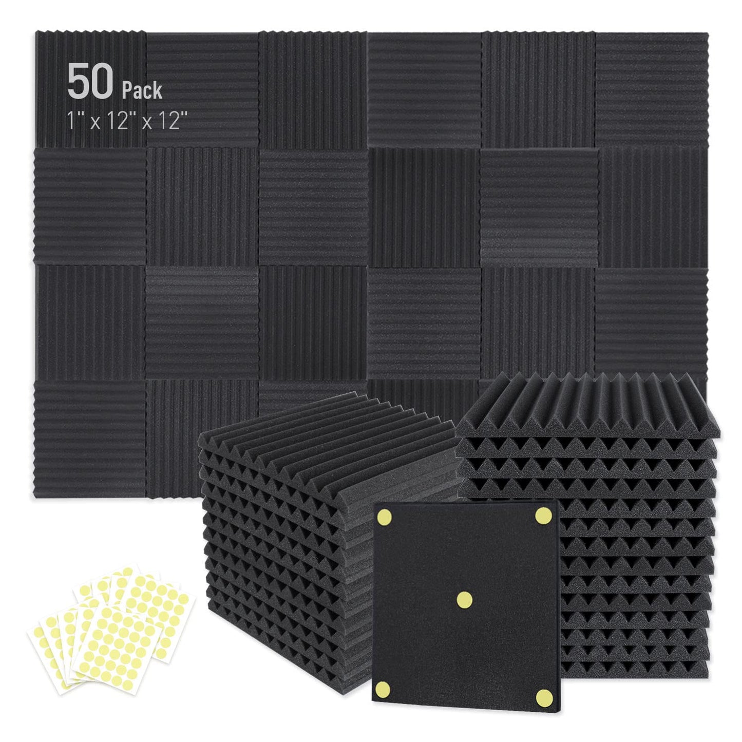 52 Pack Acoustic Foam Panels 1" x 12" x 12" Sound Proof Foam Panles Soundproofing Noise Cancelling Wedge Panels for Home Office Recoding Studio with 300PCS Double-Side Adhesive