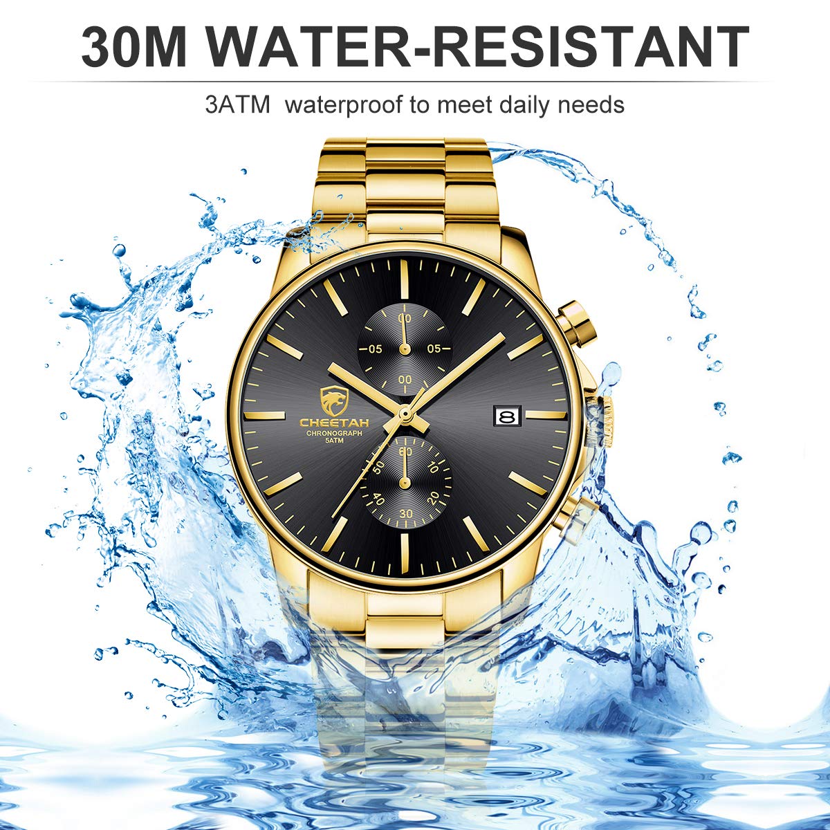 GOLDEN HOUR Fashion Businessmen's Watches with Stainless Steel Waterproof Chronograph Quartz Watch for Men, Auto Date