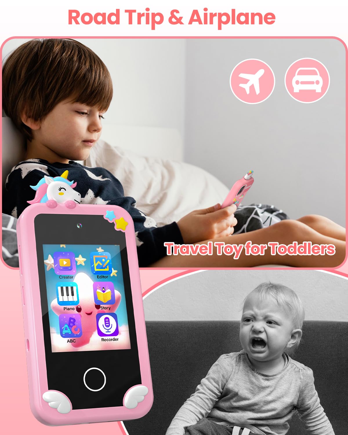 Kids Smart Phone for Girls with 4.0" Large Touchscreen, 32G Card Christmas Birthday Gifts for Age 3-10 Kid Toys Cell Phone with Holographic Pyramid, Toddler Learning Toy, Dual Lens, Music Player(Pink)