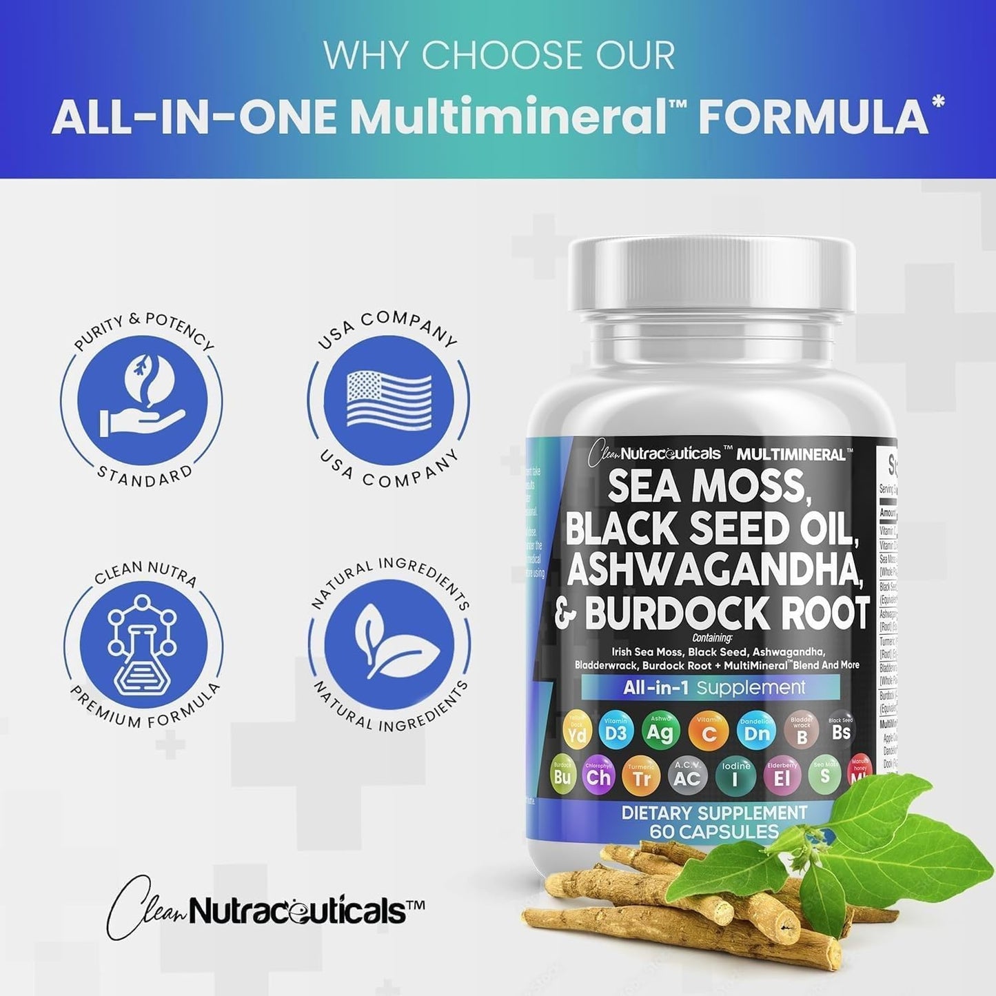 Clean Nutraceuticals Sea Moss Black Seed Oil Ashwagandha Turmeric Bladderwrack Burdock & Vitamin C Vitamin D3 with Elderberry Manuka Dandelion Yellow Dock Iodine Chlorophyll ACV