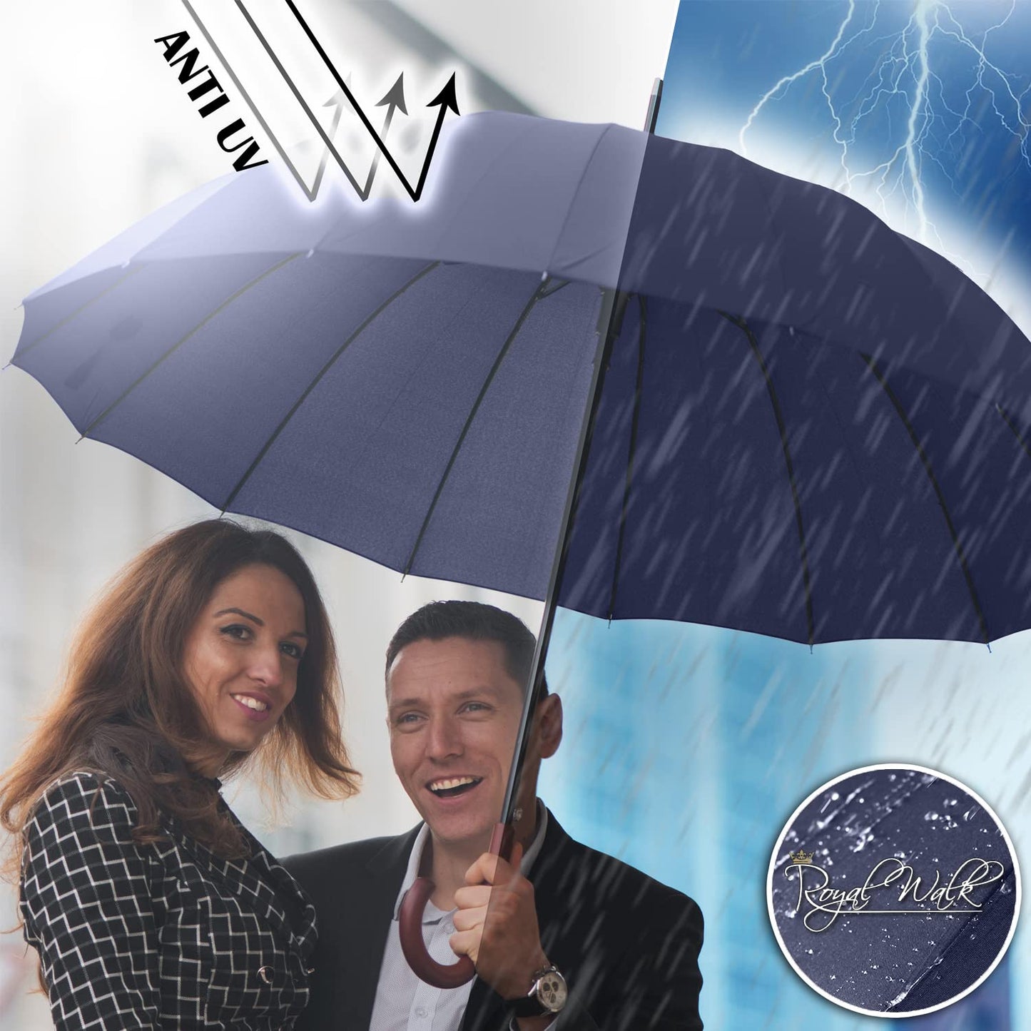 Royal Walk Windproof Large Umbrella for Rain 54 Inch Automatic Open for 2 Persons Wind Resistant Big Golf Umbrellas for Adult Men Women Classic Wooden Handle Fast Drying Strong 16 Ribs Travel 120cm