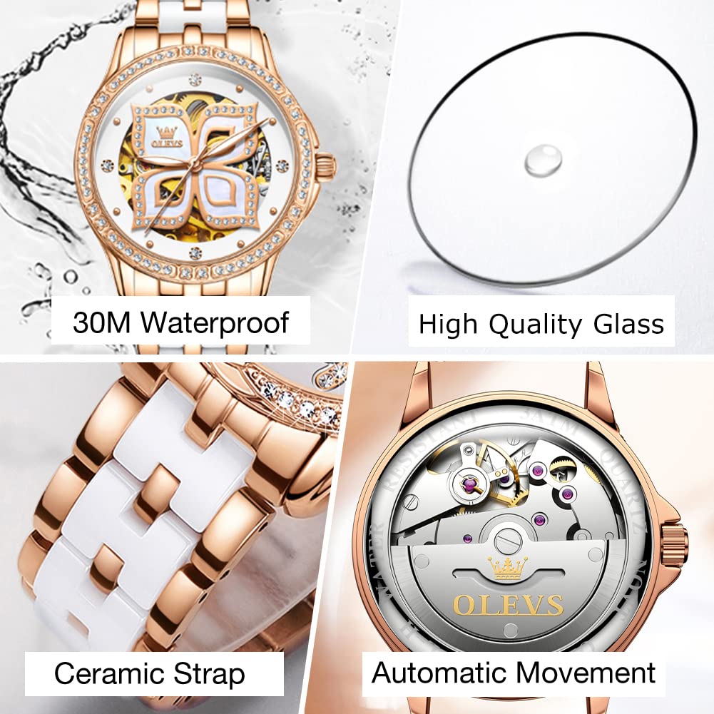 OLEVS Women's Automatic Watch, Premium Large Face Diamond Accented Self Winding Watches for Women, Fashion Waterproof Ladies Dress Watch, Two Tone Stainless Steel Ceramic Bracelet