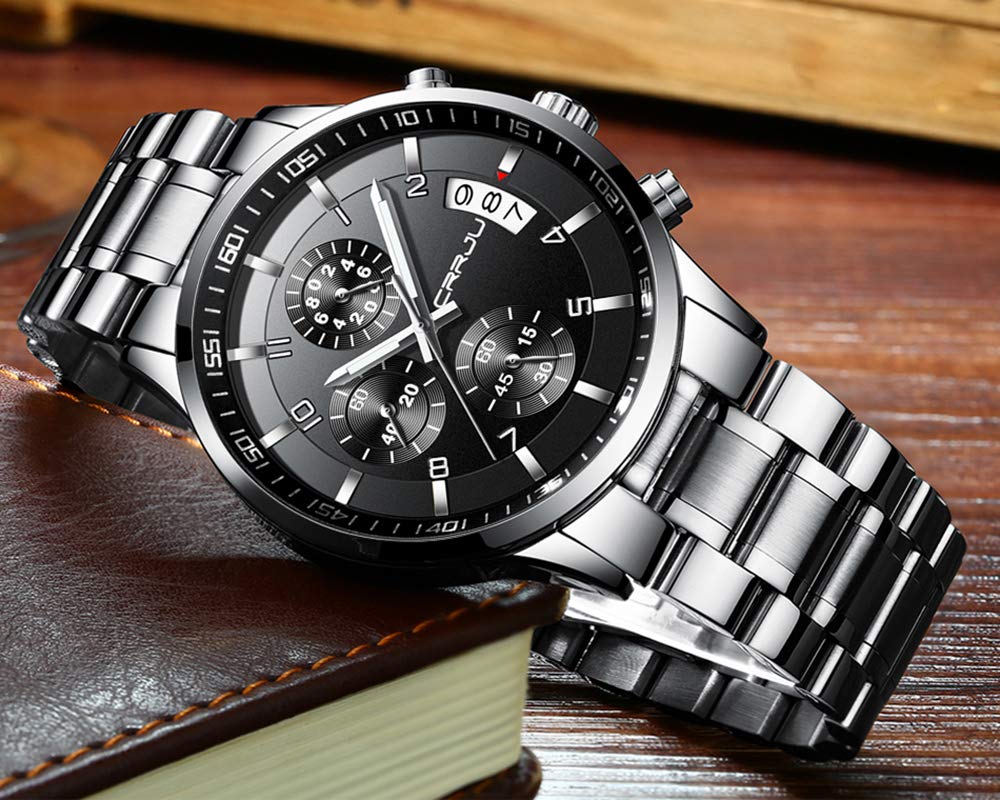 CRRJU Men's Fashion Stainless Steel Watches Date Waterproof Chronograph Wrist watches,Stainsteel Steel Band Waterproof Watch