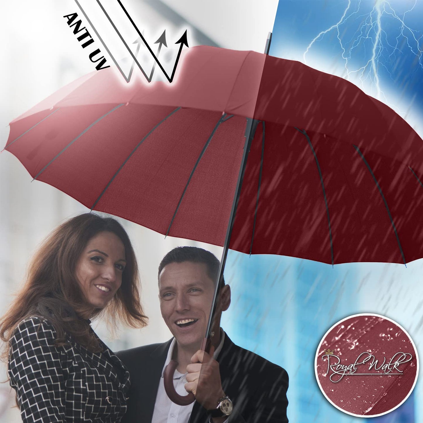 Royal Walk Windproof Large Umbrella for Rain 54 Inch Automatic Open for 2 Persons Wind Resistant Big Golf Umbrellas for Adult Men Women Classic Wooden Handle Fast Drying Strong 16 Ribs Travel 120cm