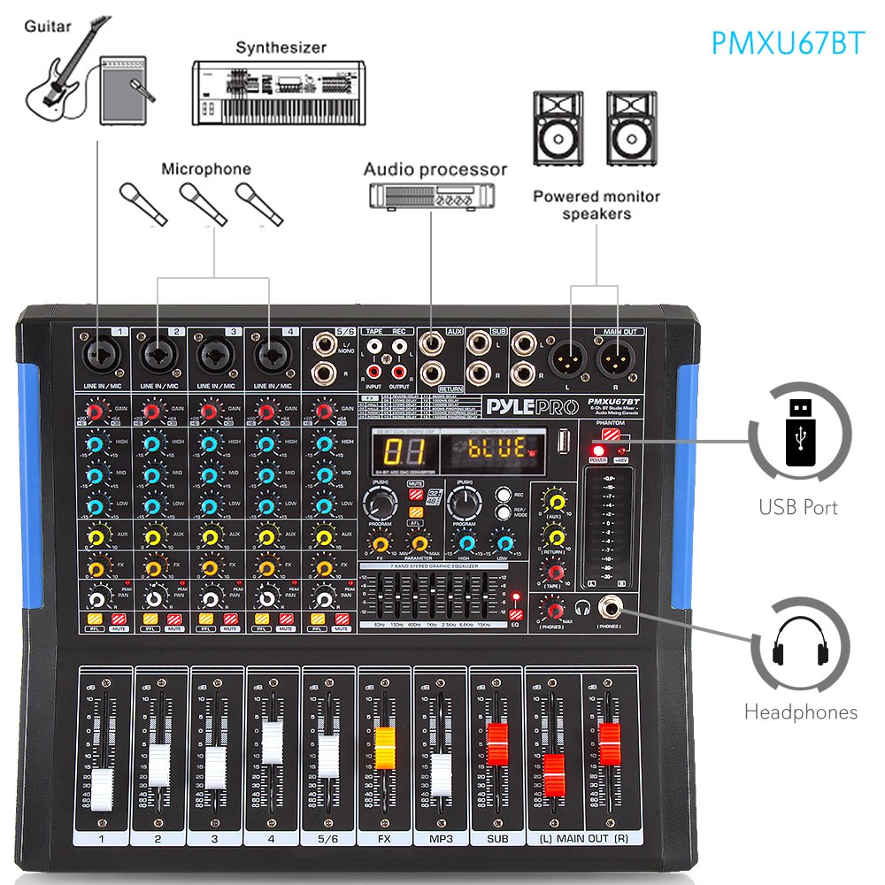 Pyle 4-Channel Bluetooth Studio Audio Mixer-DJ Sound Controller Interface with USB Drive for PC Recording Input, XLR Microphone Jack,48V Power,Input/Output for Professional and Beginners - PMXU46BT