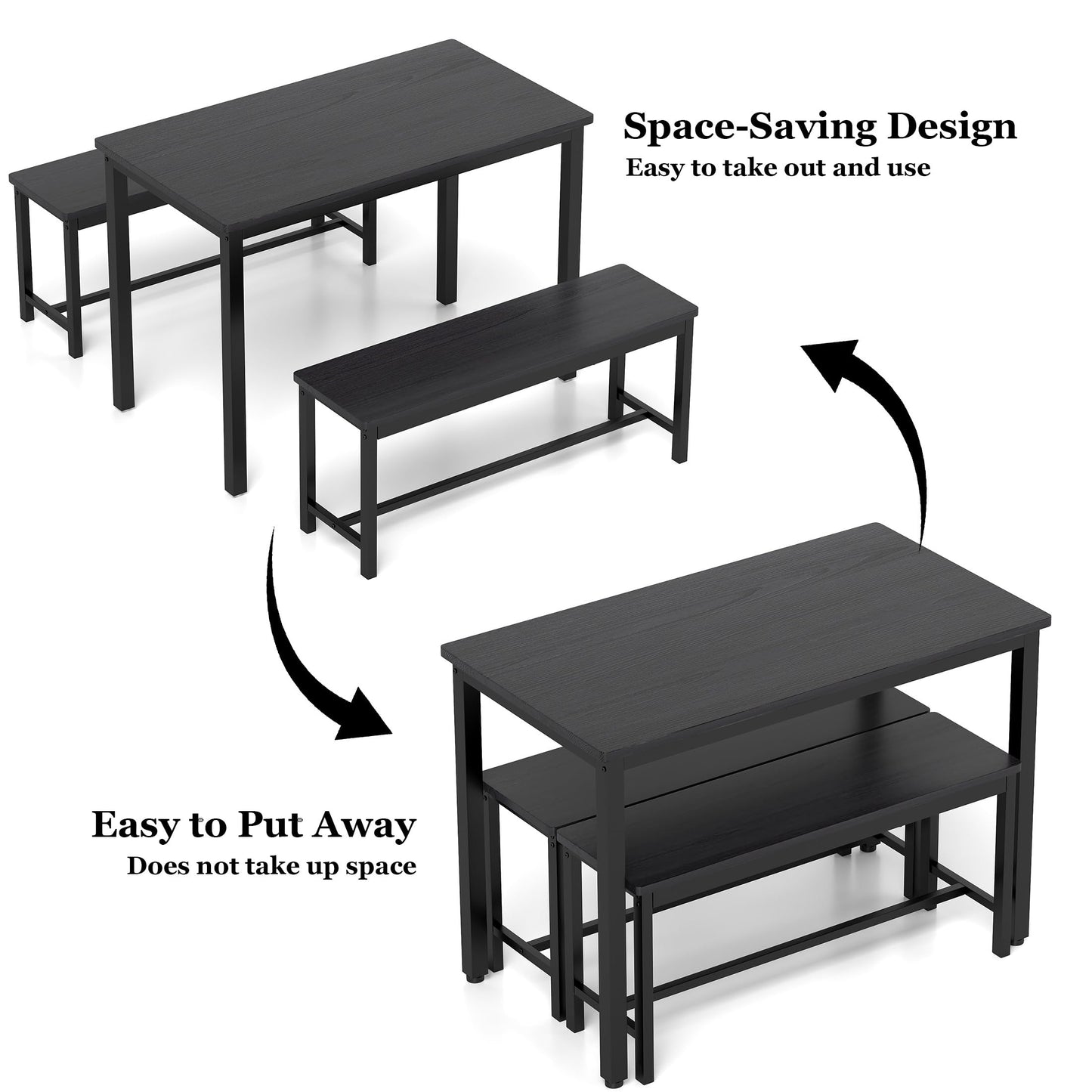 Dining Table Set for 4, Kitchen Room Table Set with 2 Benches, 3-Piece Dining Chairs Set for Breakfast Nook, Grey