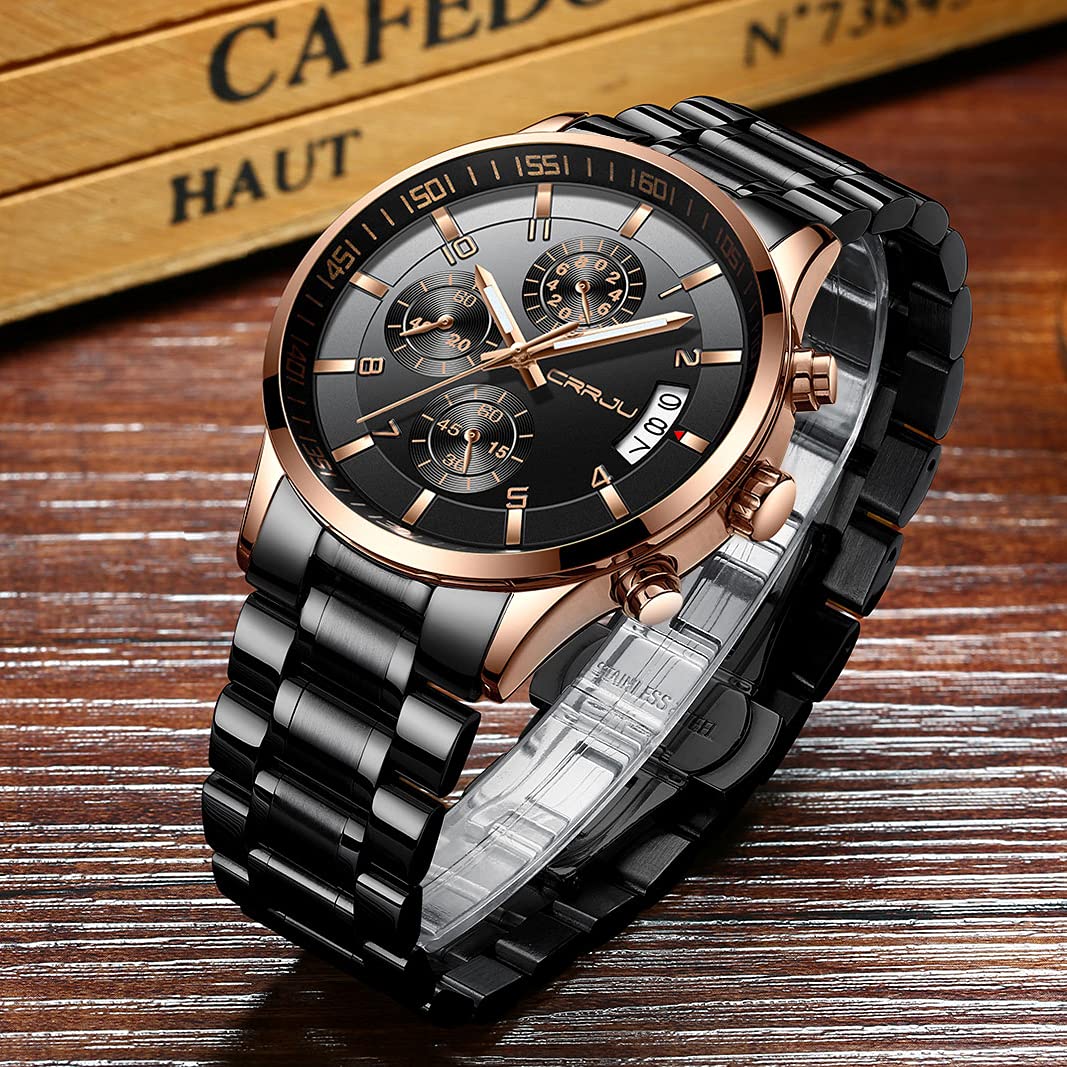 CRRJU Men's Fashion Stainless Steel Watches Date Waterproof Chronograph Wrist watches,Stainsteel Steel Band Waterproof Watch