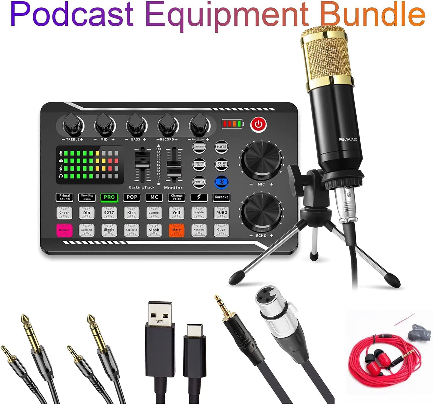 SINWE Podcast Microphone Bundle, BM-800 Condenser Mic with Live Sound Card Kit, Podcast Equipment Bundle with Voice Changer and Mixer Functions for PC Smartphone Studio Recording & Broadcasting