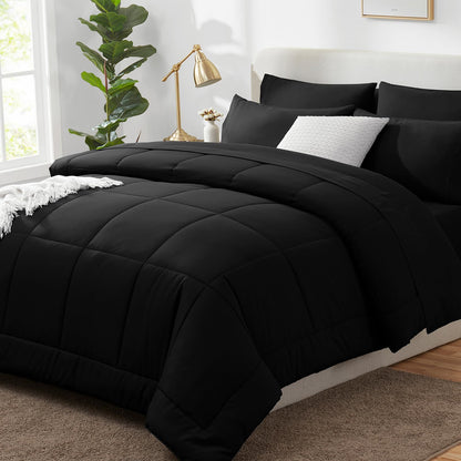 CozyLux Queen Comforter Set Black 7 Pieces Bed in a Bag Black Comforters Queen Size Bed Set Bedding Sets Queen with All Season Stitch Quilted Comforter, Flat Sheet, Fitted Sheet, Pillowcases