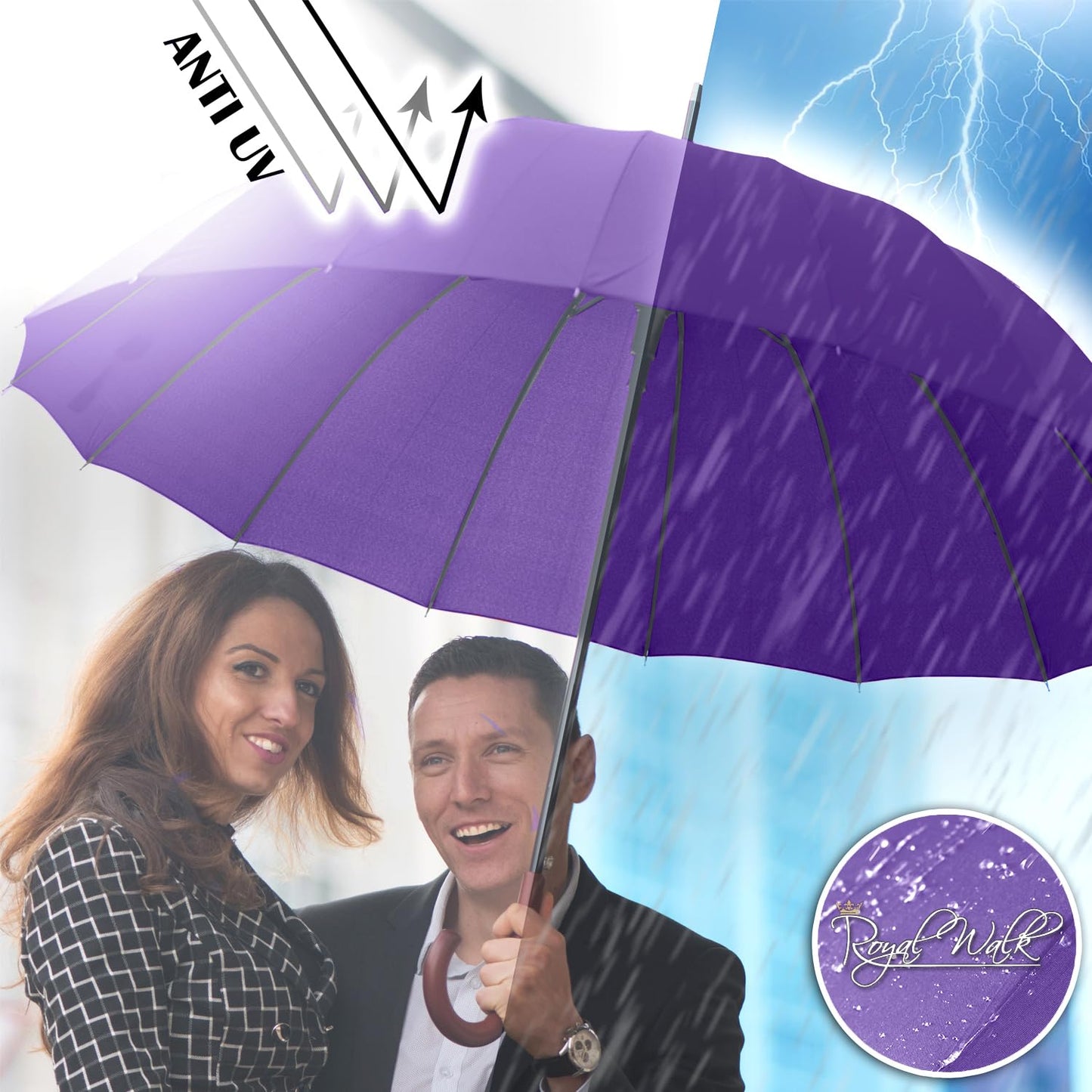 Royal Walk Windproof Large Umbrella for Rain 54 Inch Automatic Open for 2 Persons Wind Resistant Big Golf Umbrellas for Adult Men Women Classic Wooden Handle Fast Drying Strong 16 Ribs Travel 120cm