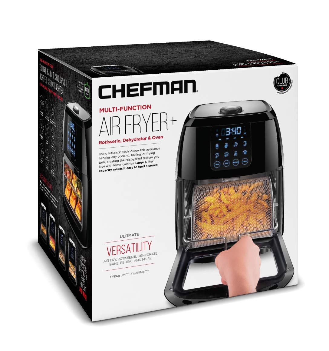 CHEFMAN Multifunctional Digital Air Fryer+ Rotisserie, Dehydrator, Convection Oven, 17 Touch Screen Presets Fry, Roast, Dehydrate, Bake, XL 10L Family Size, Auto Shutoff, Large Easy-View Window, Black