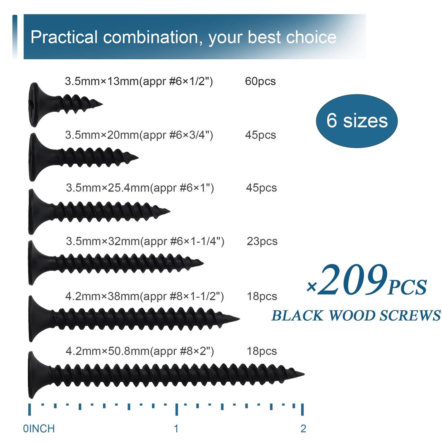 High Hardness Wood Screws Assortment Kit, 209 pcs, Phillips Drive Flat Head, Wood Screws, Screws, Drywall Screws, Assorted Screws, Screws Set, 6 Sizes (2”,1-1/2”,1-1/4”,1”,3/4”,1/2”)