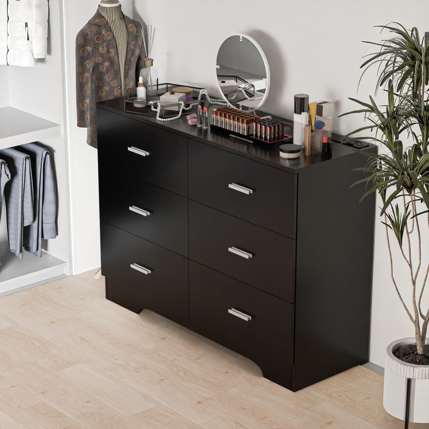 Dresser for Bedroom Black Dresser with Power Outlets Wood 6 Drawer Dresser with Large Organizer Tall Chest of Drawers Closet Modern Dresser for Bedroom Living Room Kids Room Hallway