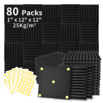 52 Pack Acoustic Foam Panels 1" x 12" x 12" Sound Proof Foam Panles Soundproofing Noise Cancelling Wedge Panels for Home Office Recoding Studio with 300PCS Double-Side Adhesive