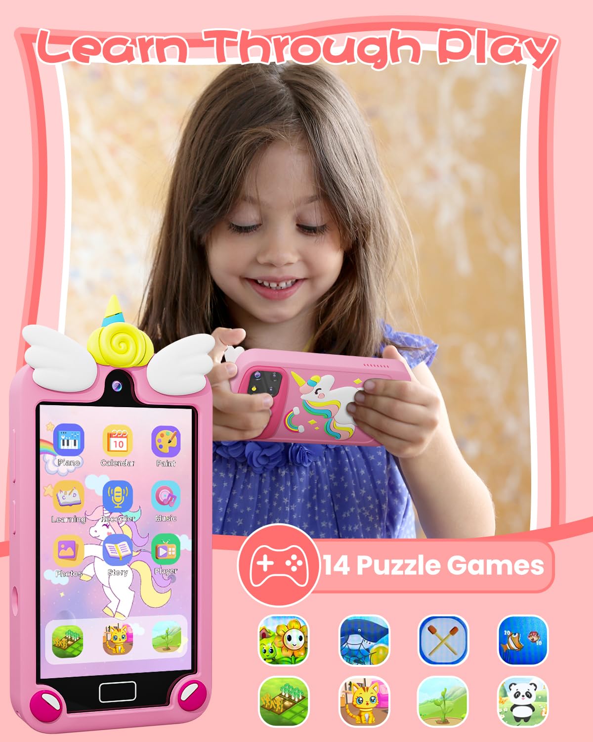 Kids Smart Phone for Girls with 4.0" Large Touchscreen, 32G Card Christmas Birthday Gifts for Age 3-10 Kid Toys Cell Phone with Holographic Pyramid, Toddler Learning Toy, Dual Lens, Music Player(Pink)