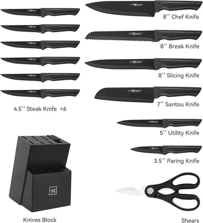 Knife Set, 15 Pcs Kitchen Knife Set with Block Self Sharpening, Dishwasher Safe, 6 Steak Knives, Anti-slip handle, Black