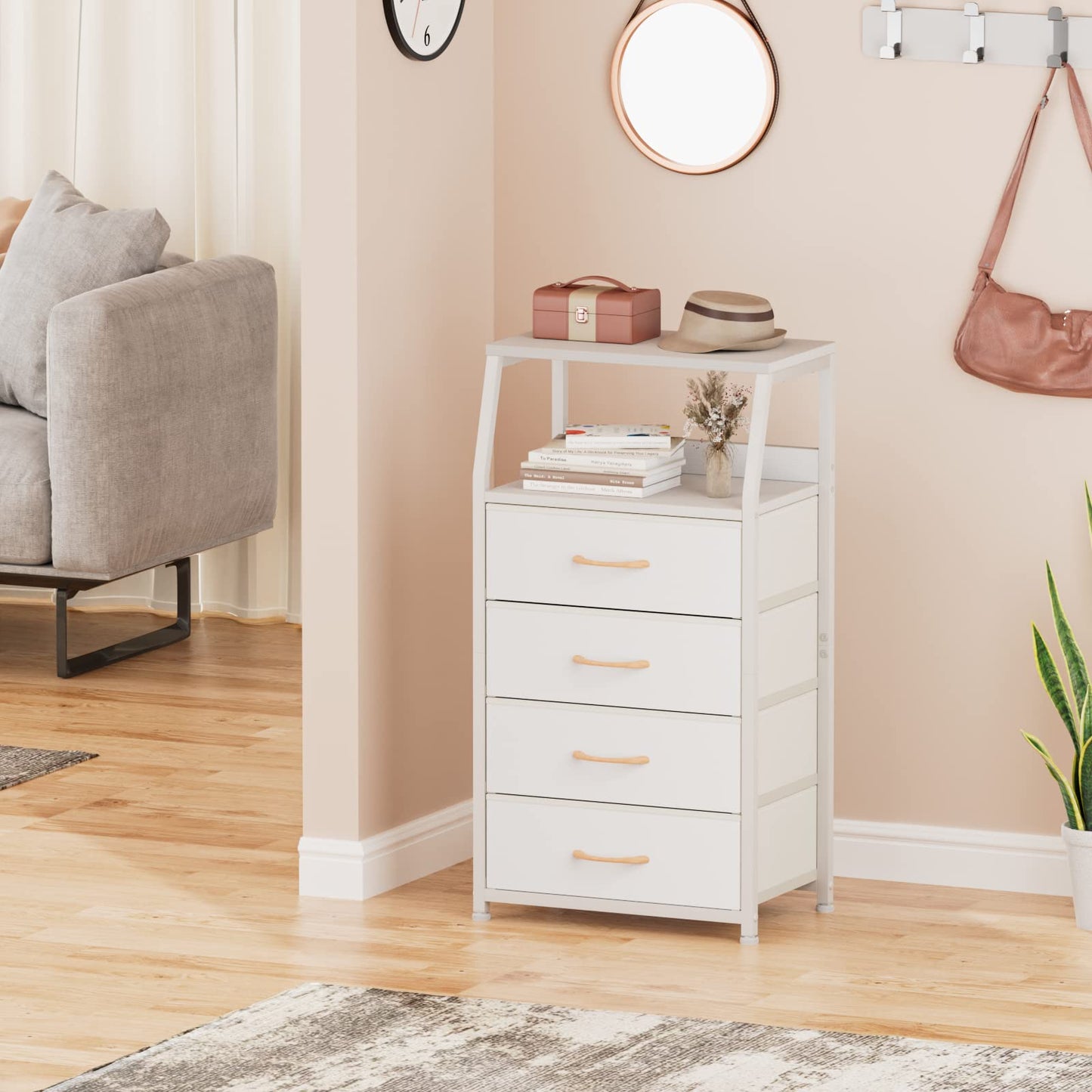 Furnulem White Dresser with 5 Drawers, Vertical Storage Tower Fabric Dresser for Bedroom, Hallway, Entryway, Nursery, Closet Organizer, Nightstand Bedside Table Furniture, Sturdy Steel Frame, Wood Top