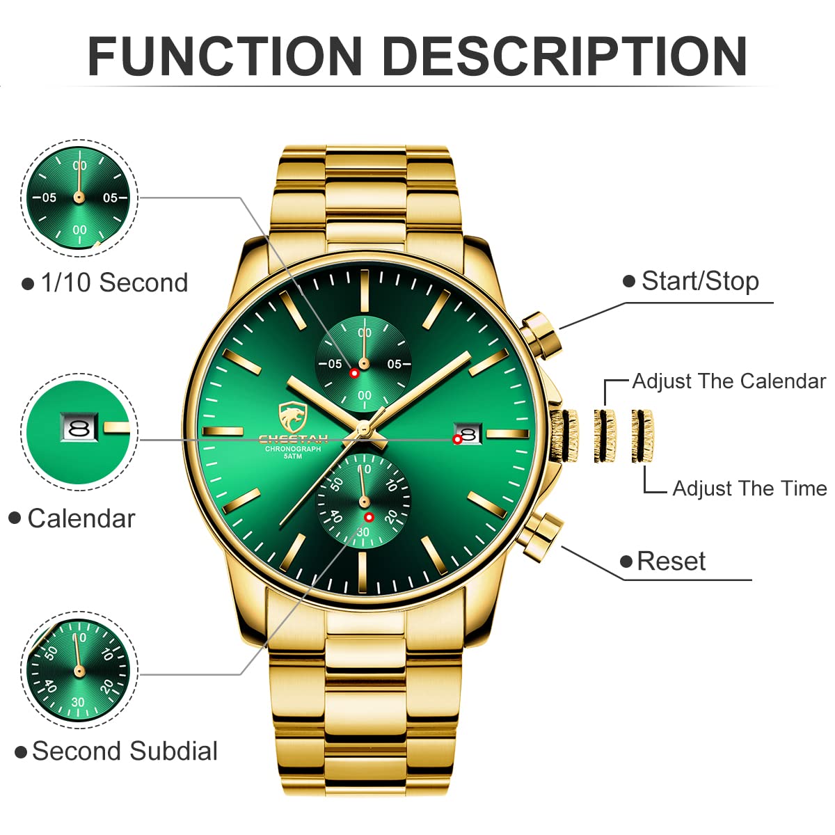 GOLDEN HOUR Fashion Businessmen's Watches with Stainless Steel Waterproof Chronograph Quartz Watch for Men, Auto Date