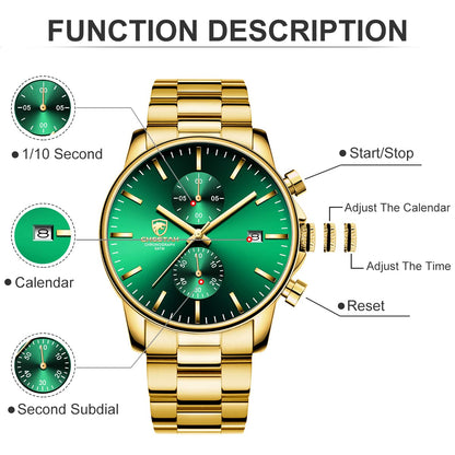 GOLDEN HOUR Fashion Businessmen's Watches with Stainless Steel Waterproof Chronograph Quartz Watch for Men, Auto Date