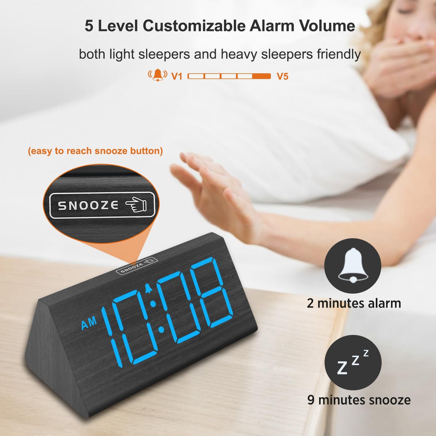 DreamSky Wooden Digital Alarm Clocks for Bedrooms - Electric Desk Clock with Large Numbers, USB Port, Loud Alarm for Heavy Sleepers, Adjustable Volume, Dimmer, Snooze, DST, 12/24H, Wood Décor Gifts