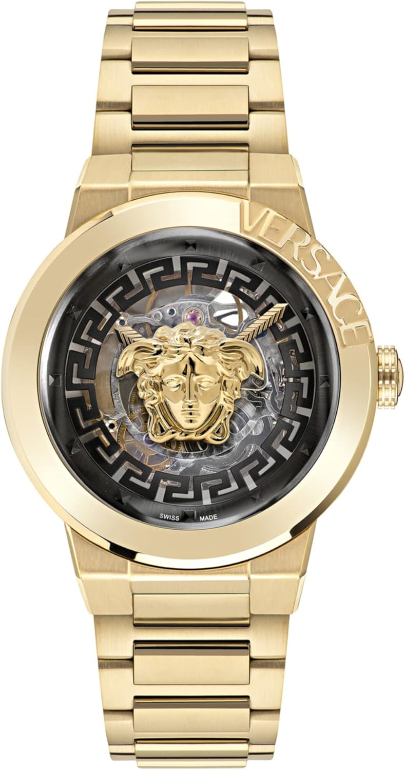 Versace Medusa Infinite Collection Luxury Women's Watch Timepiece with a Gold Bracelet Featuring a Gold Case and Black Dial