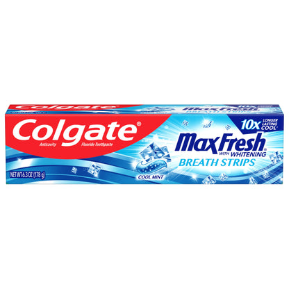 Colgate Max Fresh Whitening Toothpaste with Mini Strips, Clean Mint Toothpaste for Bad Breath, Helps Fight Cavities, Whitens Teeth, and Freshens Breath, 6.3 Ounce (Pack of 4)