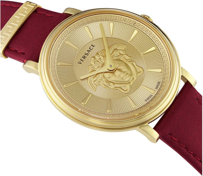 Versace V-Circle Collection Luxury Women's Watch Timepiece with a Burgundy Strap Featuring a Gold Case and Gold Dial