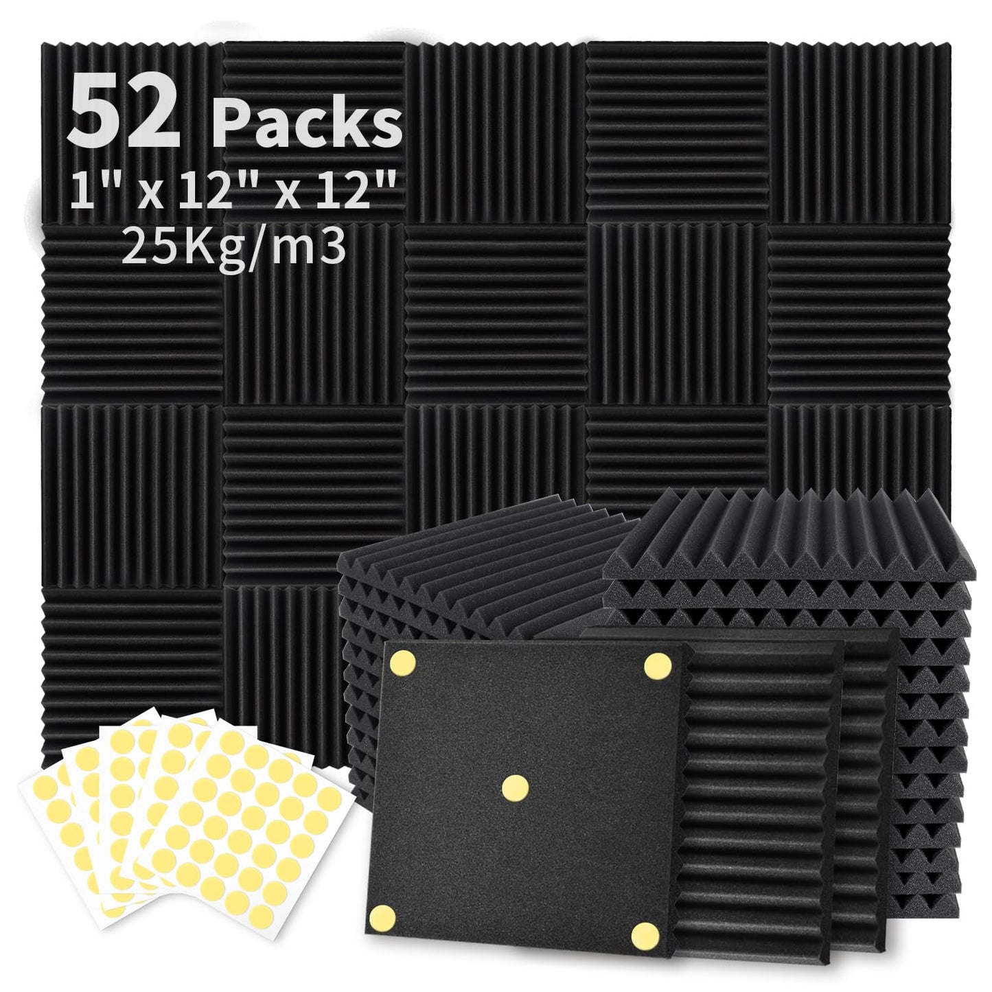 52 Pack Acoustic Foam Panels 1" x 12" x 12" Sound Proof Foam Panles Soundproofing Noise Cancelling Wedge Panels for Home Office Recoding Studio with 300PCS Double-Side Adhesive