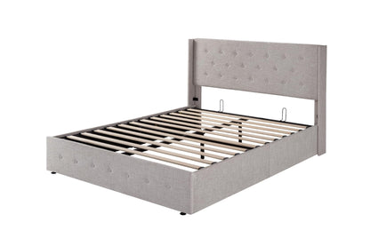 Allewie Queen Size Lift Up Storage Bed, Modern Wingback Headboard, Hydraulic Support, No Box Spring Needed, Light Beige