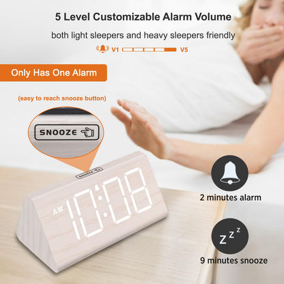 DreamSky Wooden Digital Alarm Clocks for Bedrooms - Electric Desk Clock with Large Numbers, USB Port, Loud Alarm for Heavy Sleepers, Adjustable Volume, Dimmer, Snooze, DST, 12/24H, Wood Décor Gifts