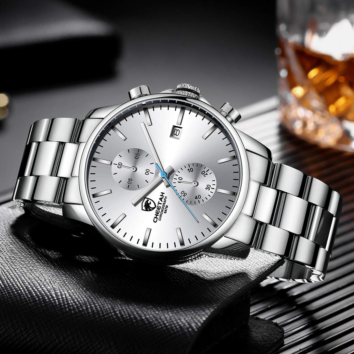 GOLDEN HOUR Fashion Businessmen's Watches with Stainless Steel Waterproof Chronograph Quartz Watch for Men, Auto Date