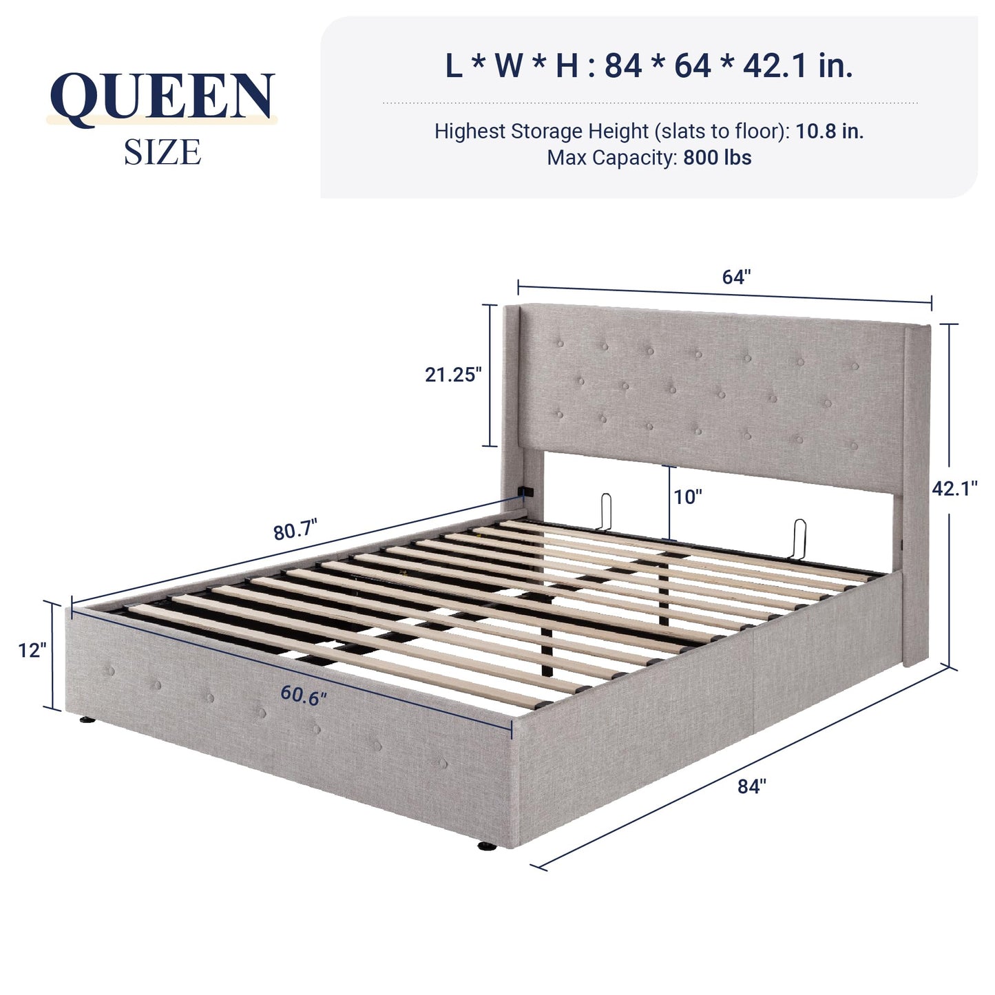 Allewie Queen Size Lift Up Storage Bed, Modern Wingback Headboard, Hydraulic Support, No Box Spring Needed, Light Beige