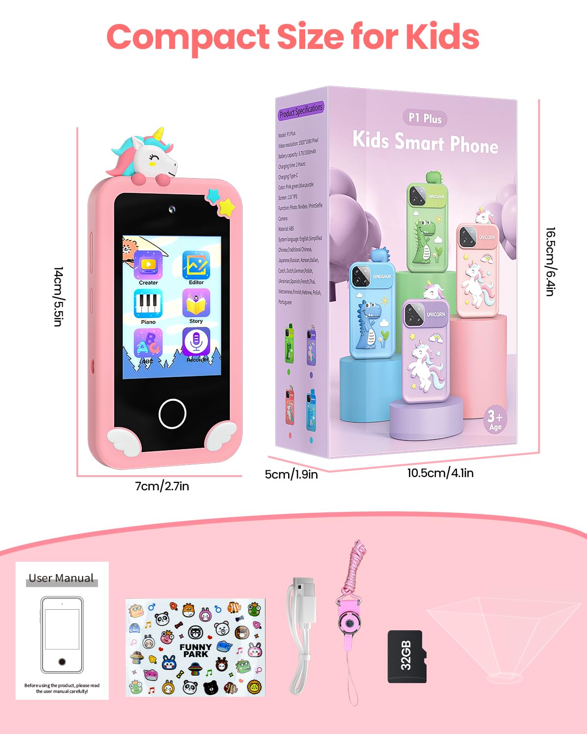 Kids Smart Phone for Girls with 4.0" Large Touchscreen, 32G Card Christmas Birthday Gifts for Age 3-10 Kid Toys Cell Phone with Holographic Pyramid, Toddler Learning Toy, Dual Lens, Music Player(Pink)