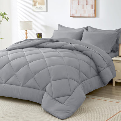 HEVUMYI 7 Pieces Queen Comforter Set, All Season Reversible Bed in a Bag Queen, Ultra Soft Queen Bedding Set with Grey Comforter, Flat Sheet, Fitted Sheet, Pillowcases, Pillow Shams, Dark Grey