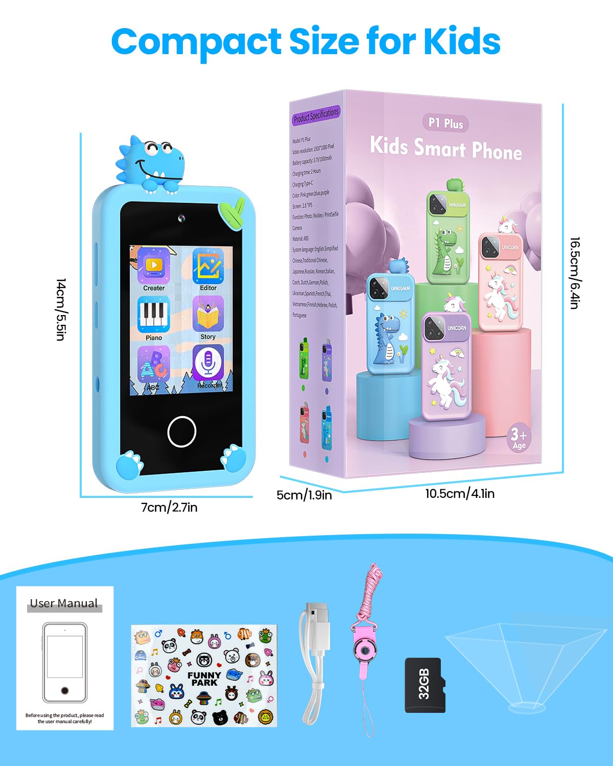 Kids Smart Phone for Girls with 4.0" Large Touchscreen, 32G Card Christmas Birthday Gifts for Age 3-10 Kid Toys Cell Phone with Holographic Pyramid, Toddler Learning Toy, Dual Lens, Music Player(Pink)