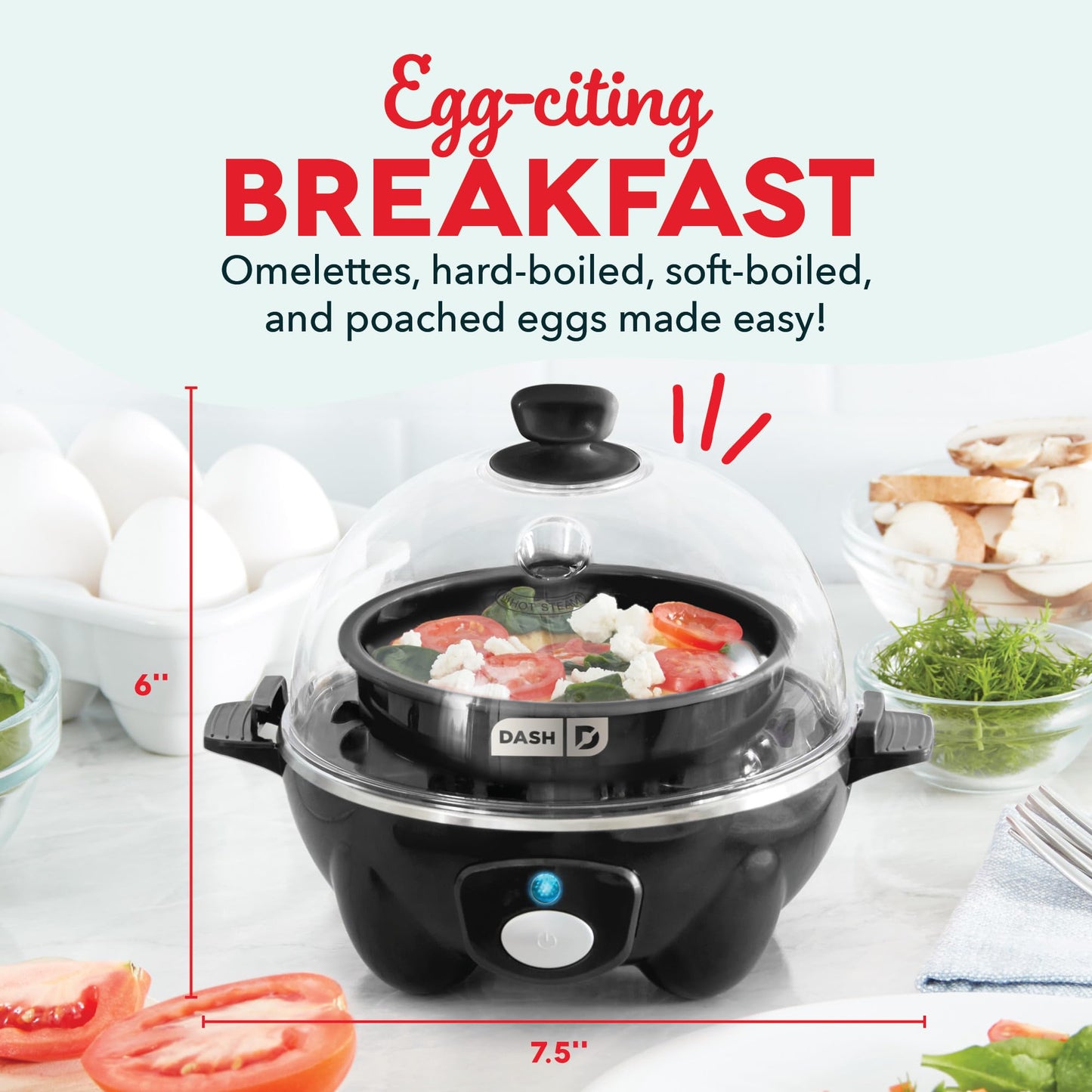 DASH Rapid Egg Cooker: 7 Egg Capacity Electric Egg Cooker for Hard Boiled Eggs, Poached Eggs, Scrambled Eggs, or Omelets with Auto Shut Off Feature - Black