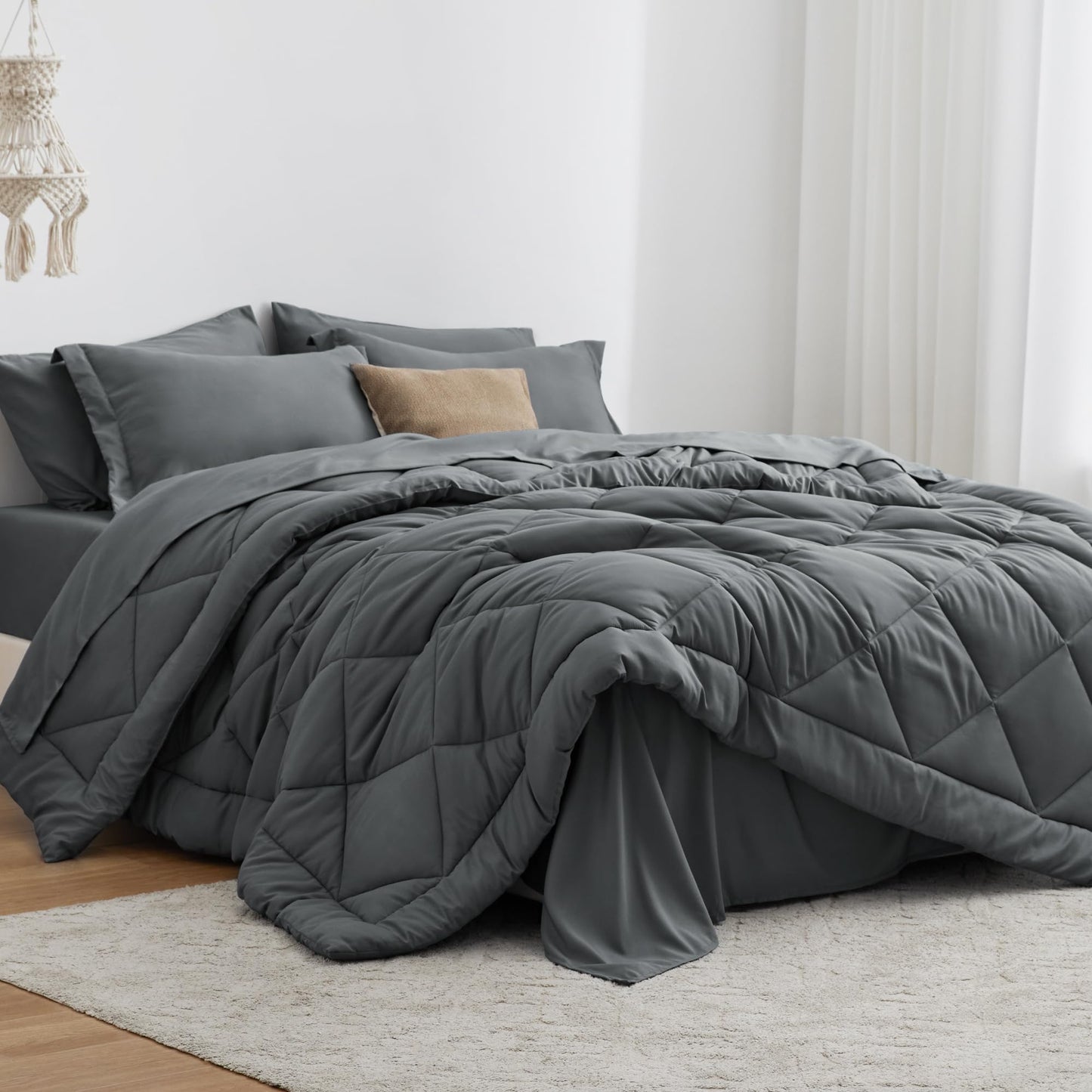 Love's cabin Full Comforter Set Black, 7 Pieces Full Bed in a Bag, All Season Full Bedding Sets with 1 Comforter, 1 Flat Sheet, 1 Fitted Sheet, 2 Pillowcase and 2 Pillow Sham