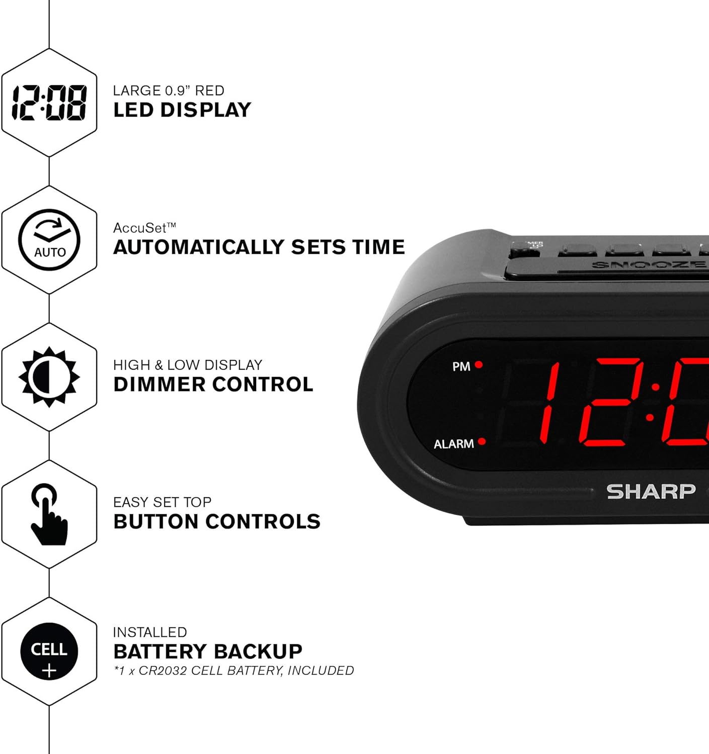 Sharp Digital Alarm with AccuSet - Automatic Smart Clock, Never Needs Setting - Great for Seniors, Kids, and Everyone who Doesn't Want to Set a Clock! Black Case with Red LEDs