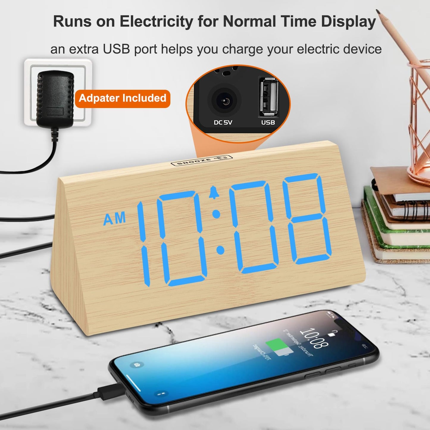 DreamSky Wooden Digital Alarm Clocks for Bedrooms - Electric Desk Clock with Large Numbers, USB Port, Loud Alarm for Heavy Sleepers, Adjustable Volume, Dimmer, Snooze, DST, 12/24H, Wood Décor Gifts