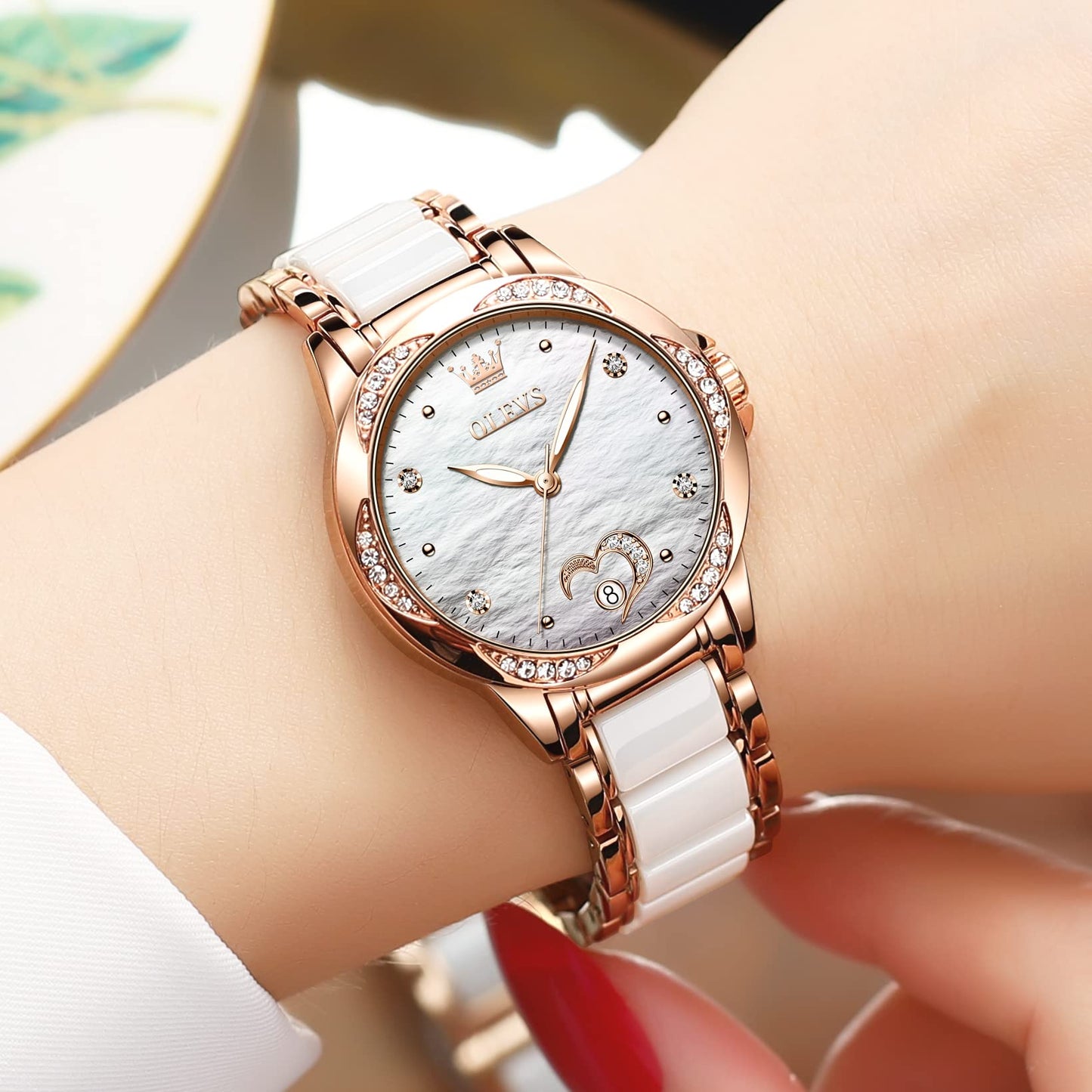 OLEVS Women's Automatic Watch, Premium Large Face Diamond Accented Self Winding Watches for Women, Fashion Waterproof Ladies Dress Watch, Two Tone Stainless Steel Ceramic Bracelet