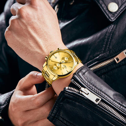 GOLDEN HOUR Fashion Businessmen's Watches with Stainless Steel Waterproof Chronograph Quartz Watch for Men, Auto Date