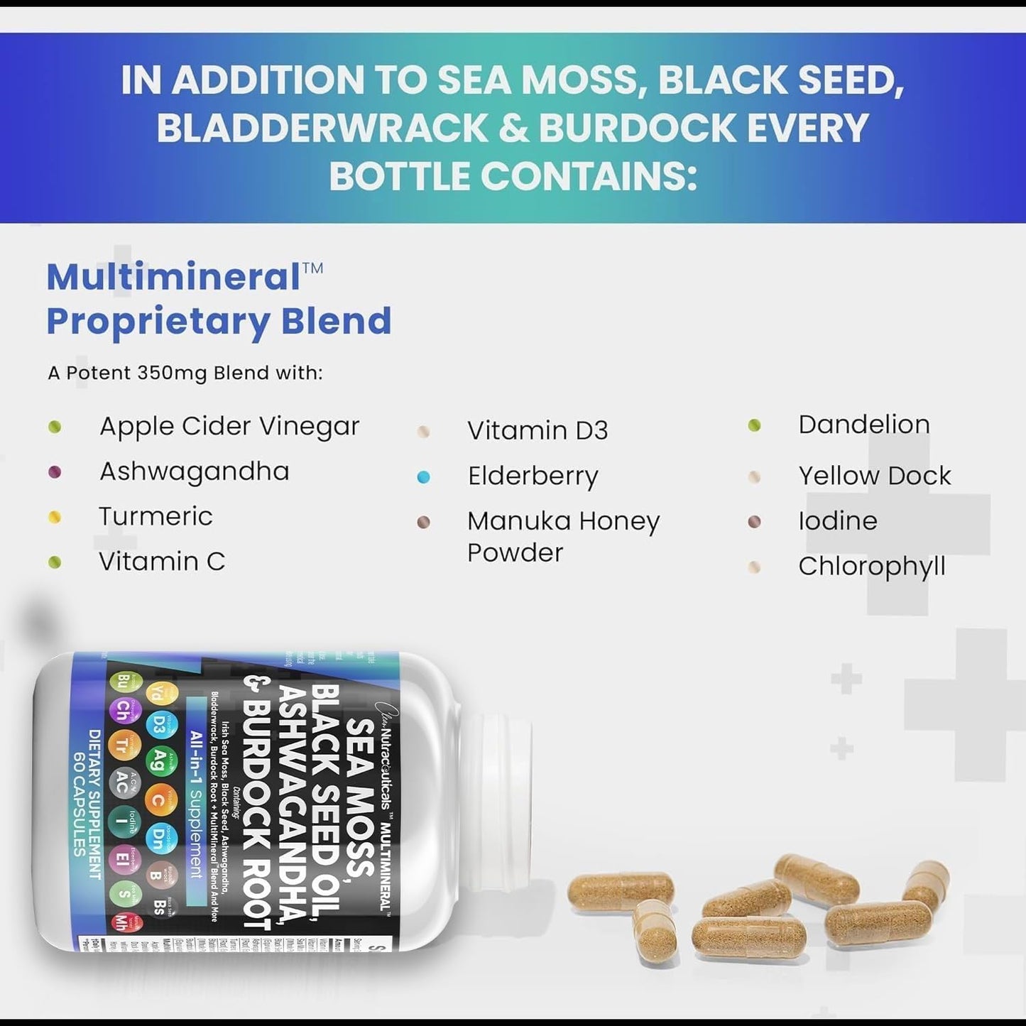 Clean Nutraceuticals Sea Moss Black Seed Oil Ashwagandha Turmeric Bladderwrack Burdock & Vitamin C Vitamin D3 with Elderberry Manuka Dandelion Yellow Dock Iodine Chlorophyll ACV