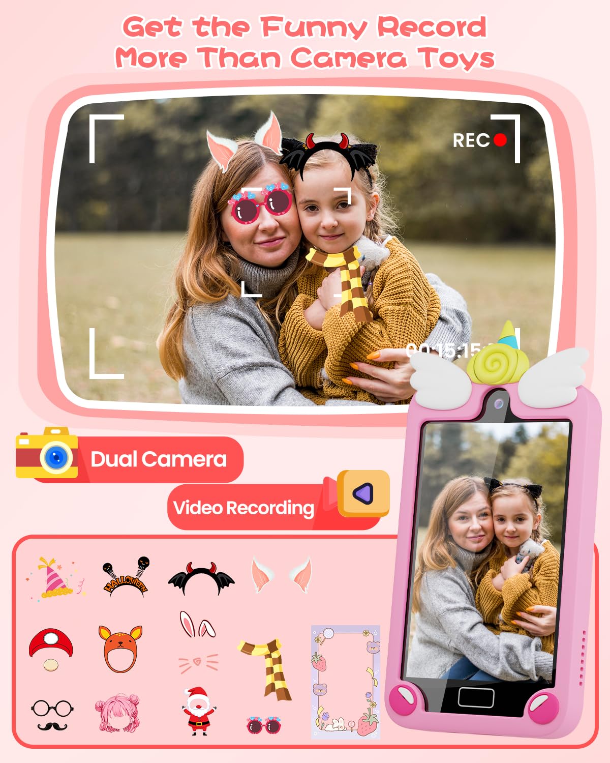 Kids Smart Phone for Girls with 4.0" Large Touchscreen, 32G Card Christmas Birthday Gifts for Age 3-10 Kid Toys Cell Phone with Holographic Pyramid, Toddler Learning Toy, Dual Lens, Music Player(Pink)