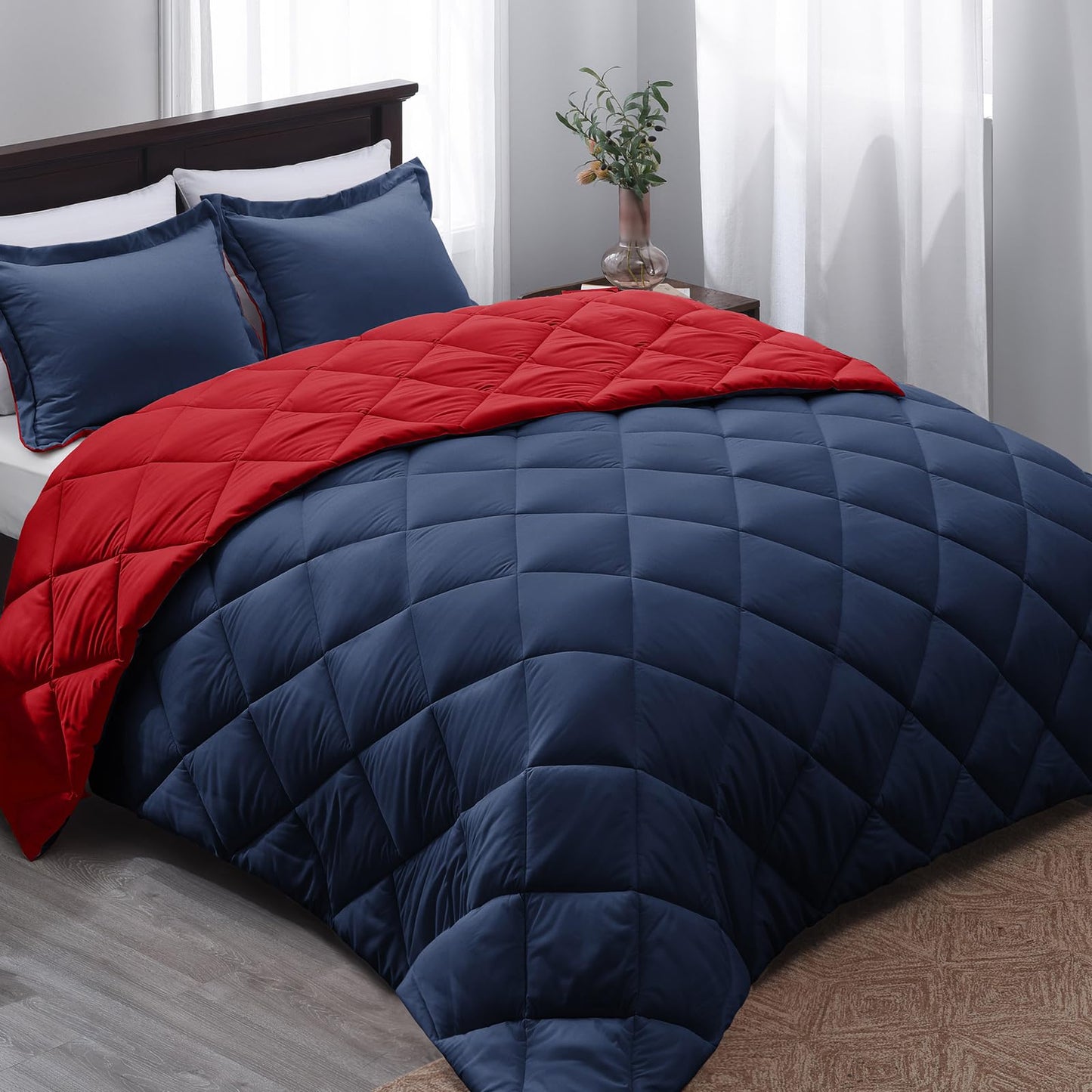 Basic Beyond Queen Comforter Set - Navy Blue Comforter Set Queen Size, Reversible Bed Comforter Queen Set for All Seasons, Navy/Grey, 1 Comforter (88"x92") and 2 Pillow Shams (20"x26"+2")