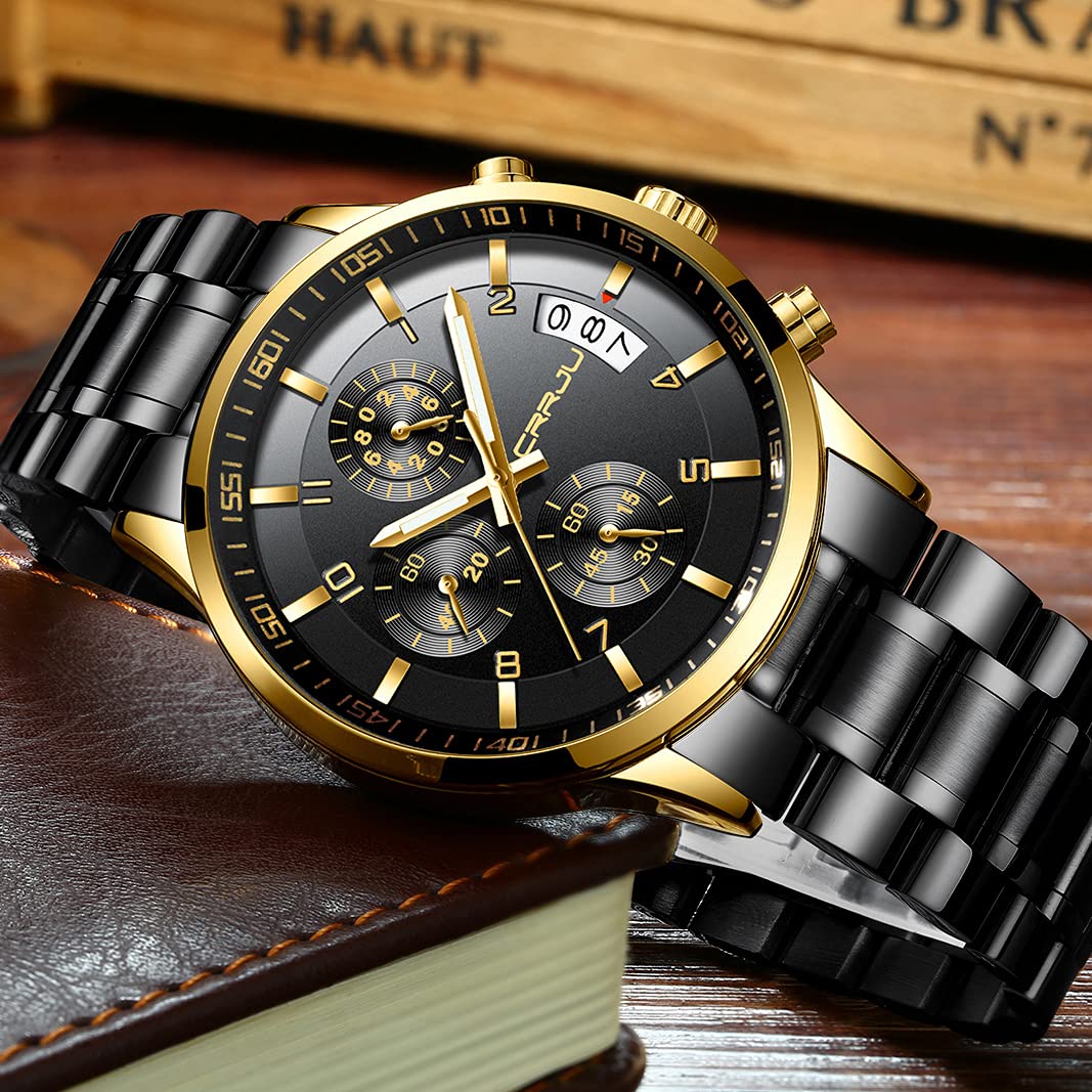 CRRJU Men's Fashion Stainless Steel Watches Date Waterproof Chronograph Wrist watches,Stainsteel Steel Band Waterproof Watch